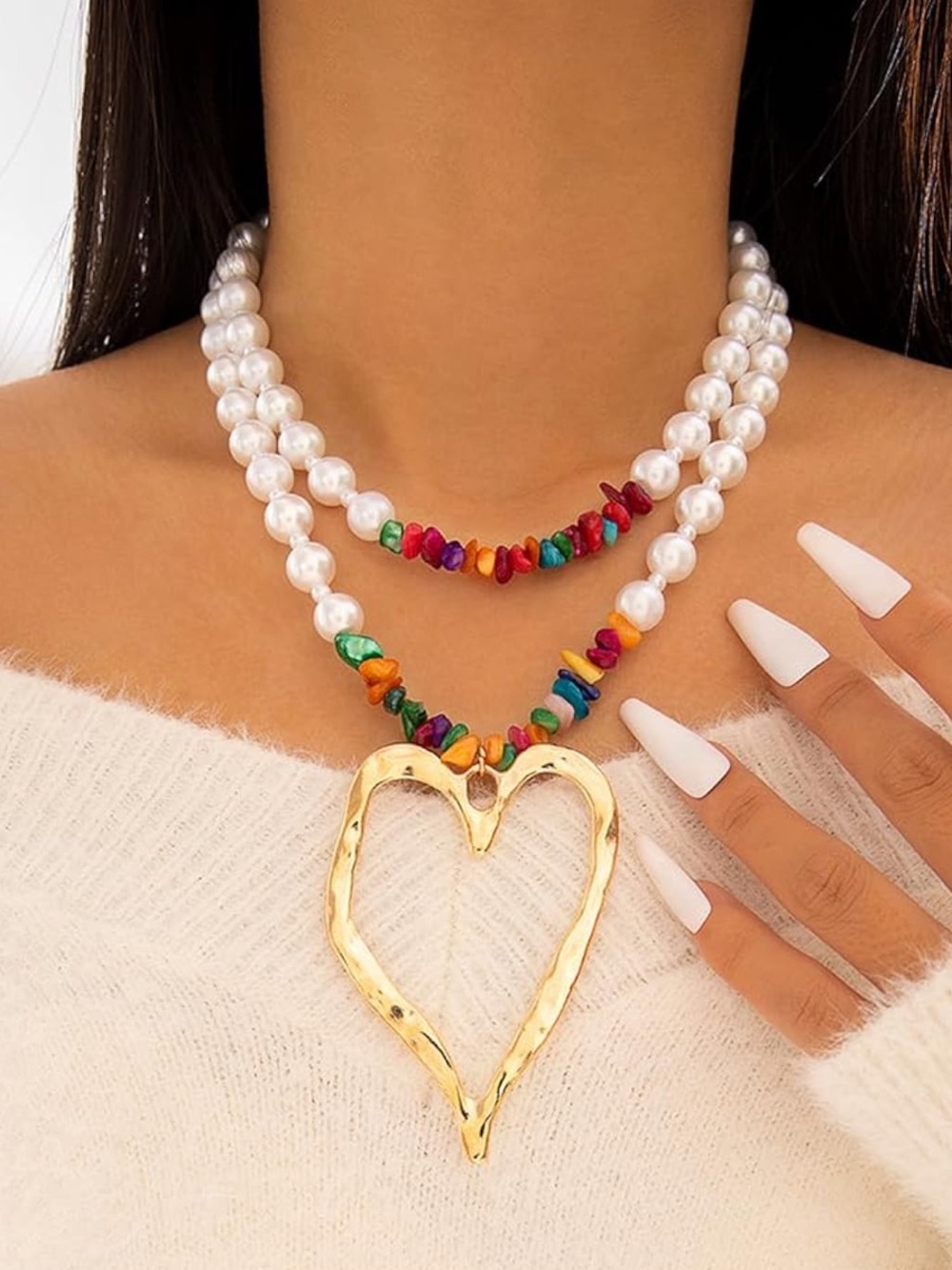 Multicolor Pearl Heart Pendant Necklace - Gold Heart, Multicolor Beads